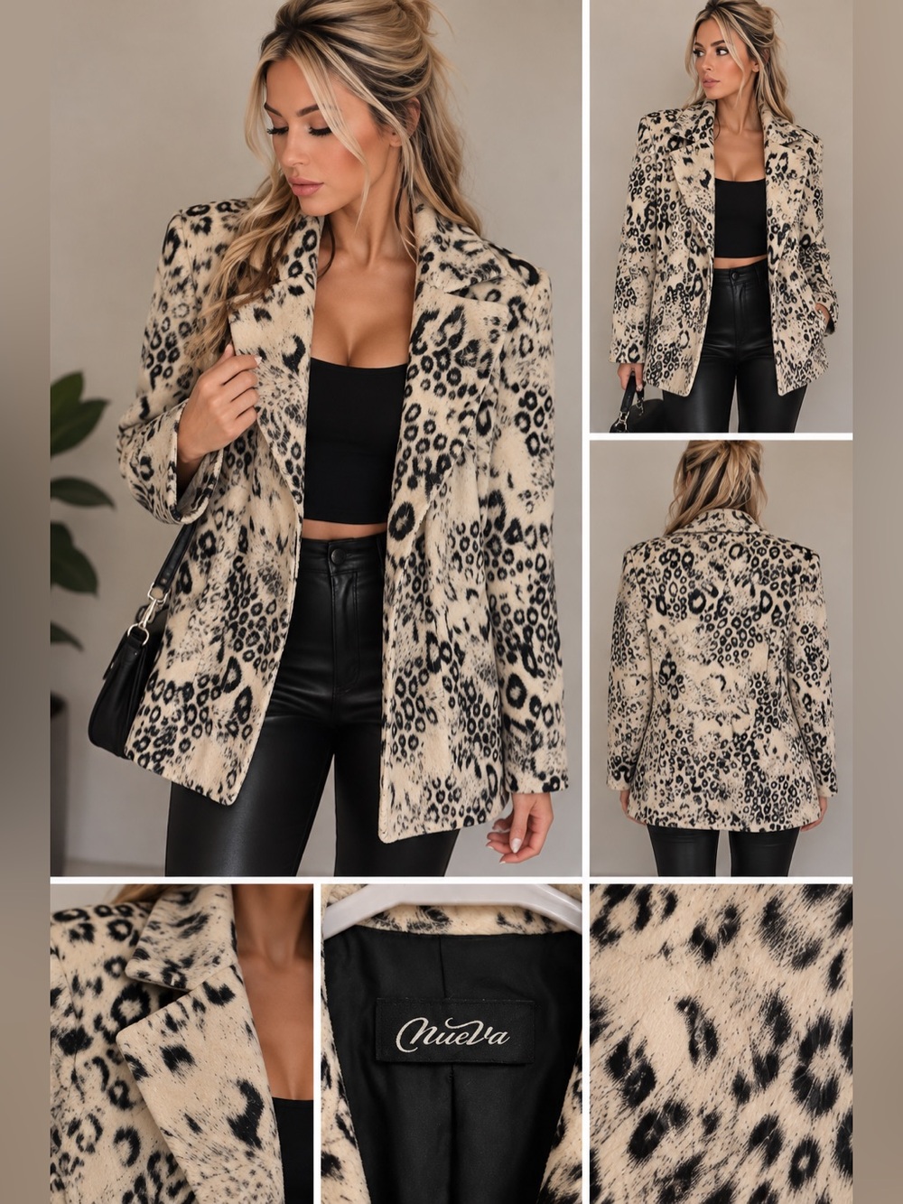 Vintage Leopard-Print Faux Fur Blazer Jacket - Cream/Black